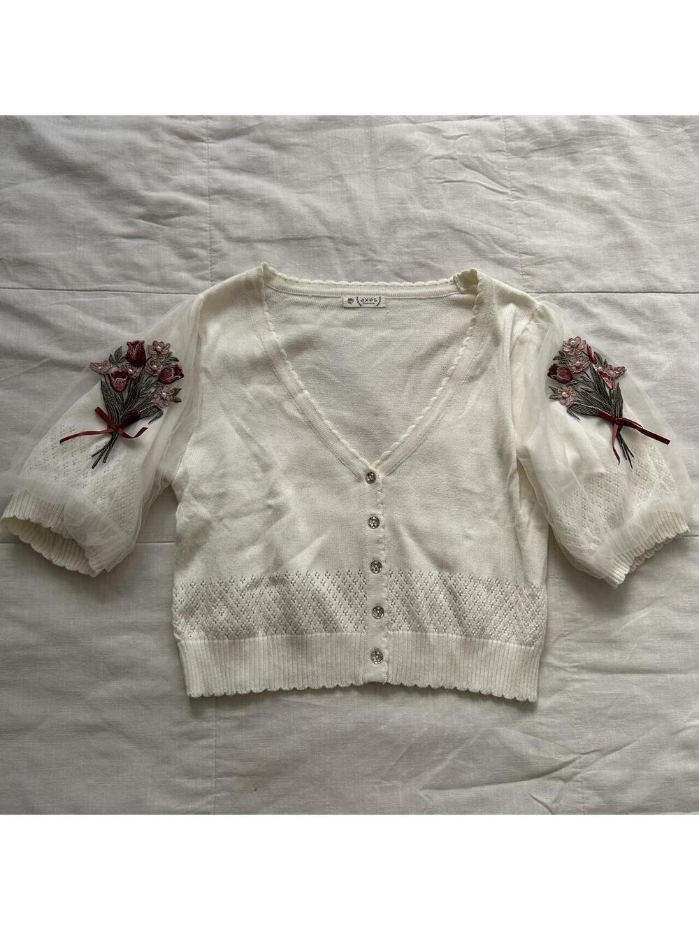 Axes Femme Ivory Embroidered Puff Sleeve Cropped Cardigan Size M Japan